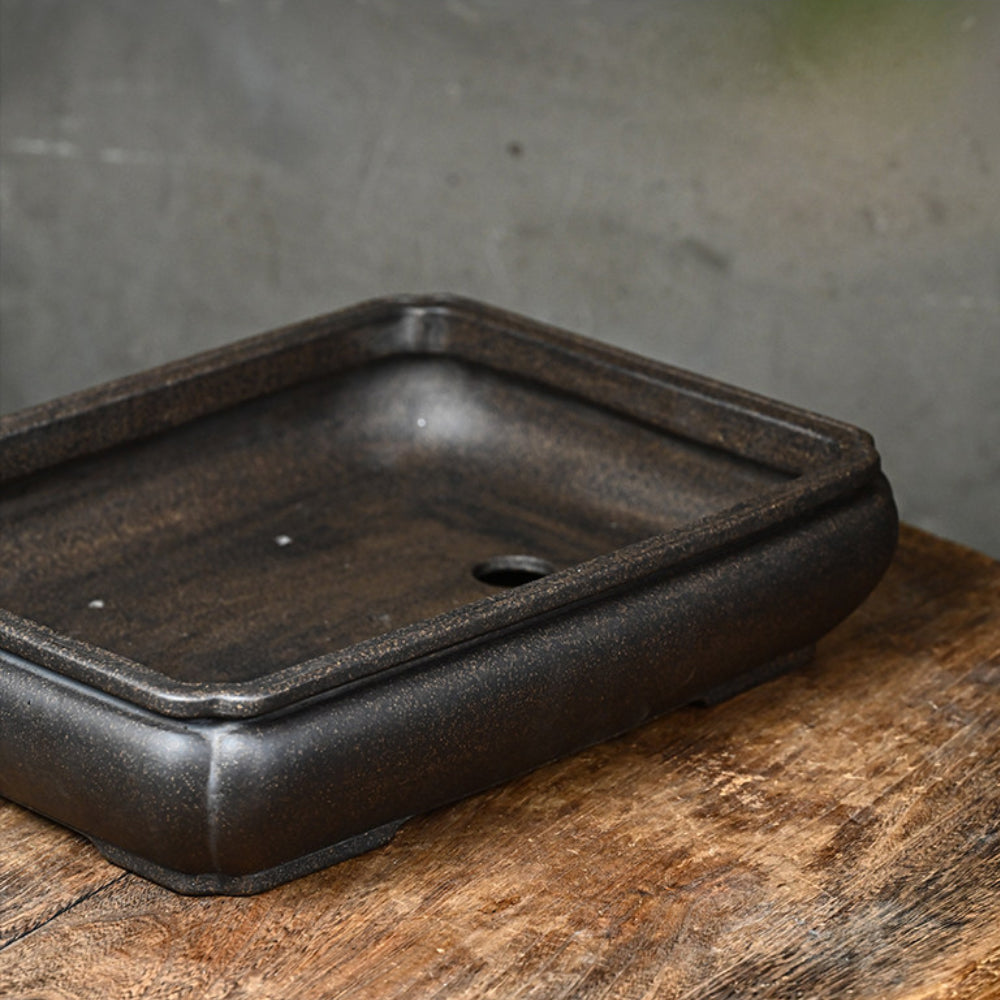14.6 inch (37.2cm) Large Bulged Rectangular Indented-Corner Speckled Black Unglazed Bonsai Pot Inside View