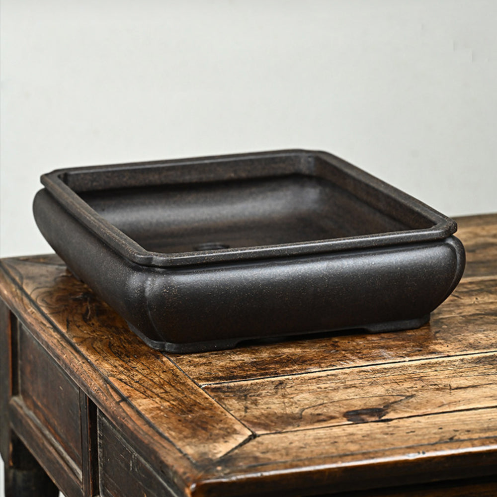 14.6 inch (37.2cm) Large Bulged Rectangular Indented-Corner Speckled Black Unglazed Bonsai Pot Top View