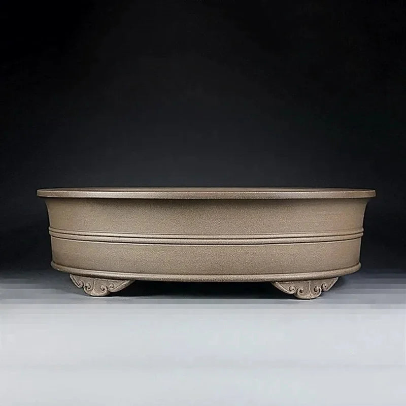 14.7 inch (37.5cm) Large Oval Bonsai Pot w Double-Band Design & Carved Feet