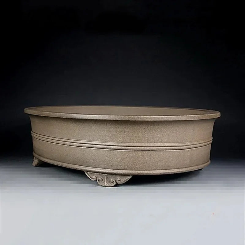 14.7 inch (37.5cm) Large Oval Bonsai Pot w Double-Band Design & Carved Feet Corner View