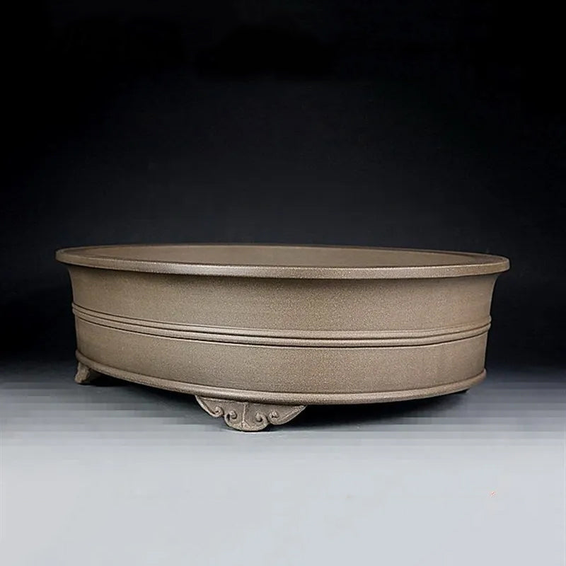 14.7 inch (37.5cm) Large Oval Bonsai Pot w Double-Band Design & Carved Feet Corner View