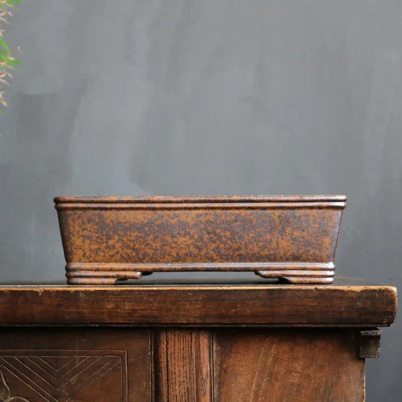 14.7 inch (37.5cm) Large Rectangle Firewood-Fired Bonsai Pot w Rustic Speckled Finish