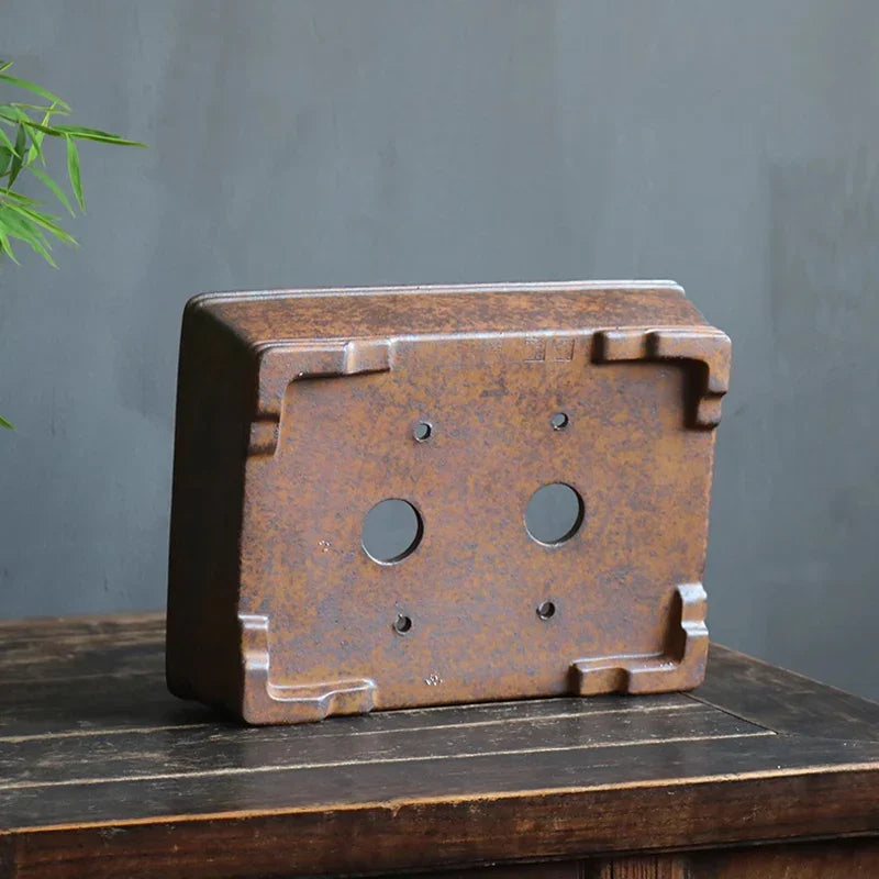 14.7 inch (37.5cm) Large Rectangle Firewood-Fired Bonsai Pot w Rustic Speckled Finish Bottom View