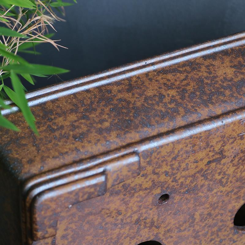 14.7 inch (37.5cm) Large Rectangle Firewood-Fired Bonsai Pot w Rustic Speckled Finish Close Shot