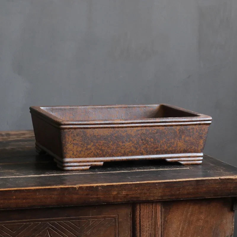 14.7 inch (37.5cm) Large Rectangle Firewood-Fired Bonsai Pot w Rustic Speckled Finish Corner View