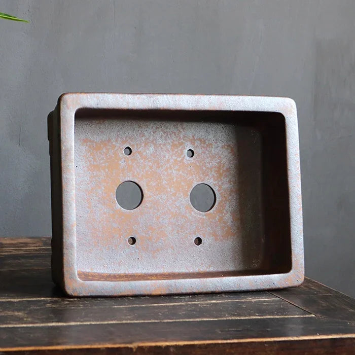 14.7 inch (37.5cm) Large Rectangle Firewood-Fired Bonsai Pot w Rustic Speckled Finish Inner View