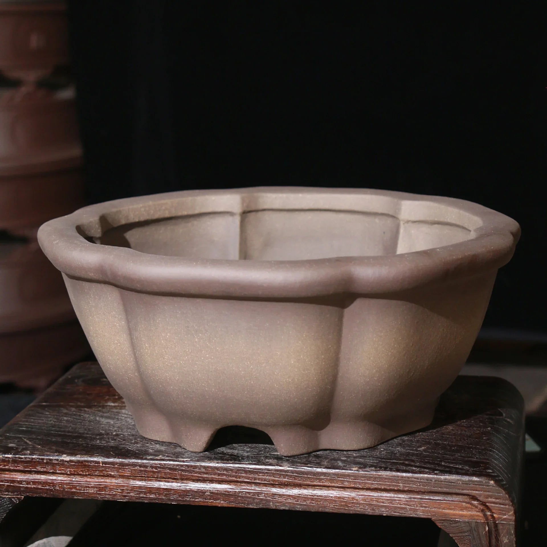 14.9" (38cm) Large Round Flower Petal-Like Curved Bonsai Pot Corner View