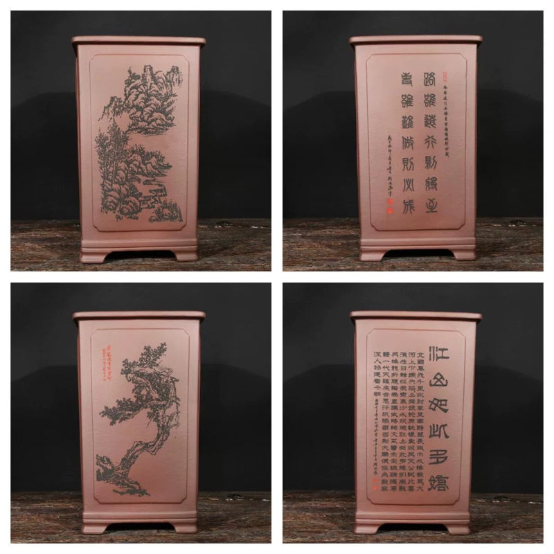 14.9 inch (38cm) Deep Square Unglazed Traditional Large Cascade Bonsai Pot All Side View