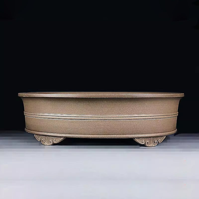 14.9 inch (38cm) Large Oval Beige Bonsai Pot w Double-Band Design & Carved Feet