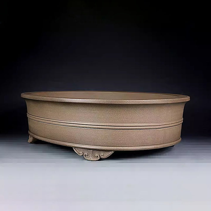 14.9 inch (38cm) Large Oval Beige Bonsai Pot w Double-Band Design & Carved Feet Corner View