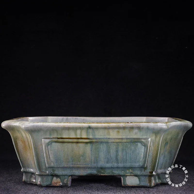 14.9 inch (38cm) Large Rectangle Flowing Green Glaze Corner Cut Bonsai Pot 