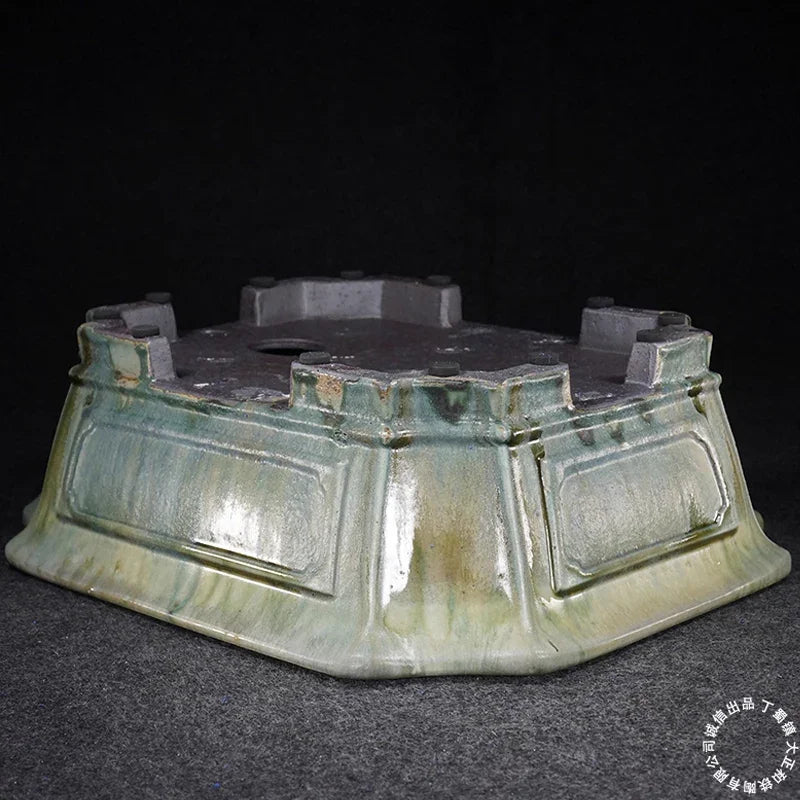 14.9 inch (38cm) Large Rectangle Flowing Green Glaze Corner Cut Bonsai Pot Bottom View