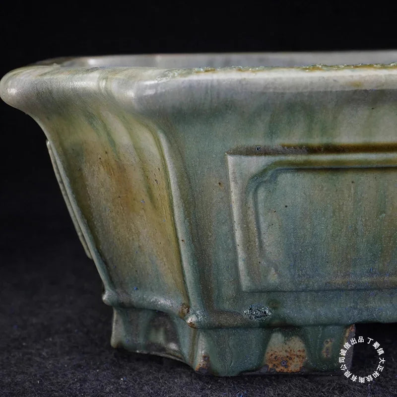 14.9 inch (38cm) Large Rectangle Flowing Green Glaze Corner Cut Bonsai Pot Close Shot