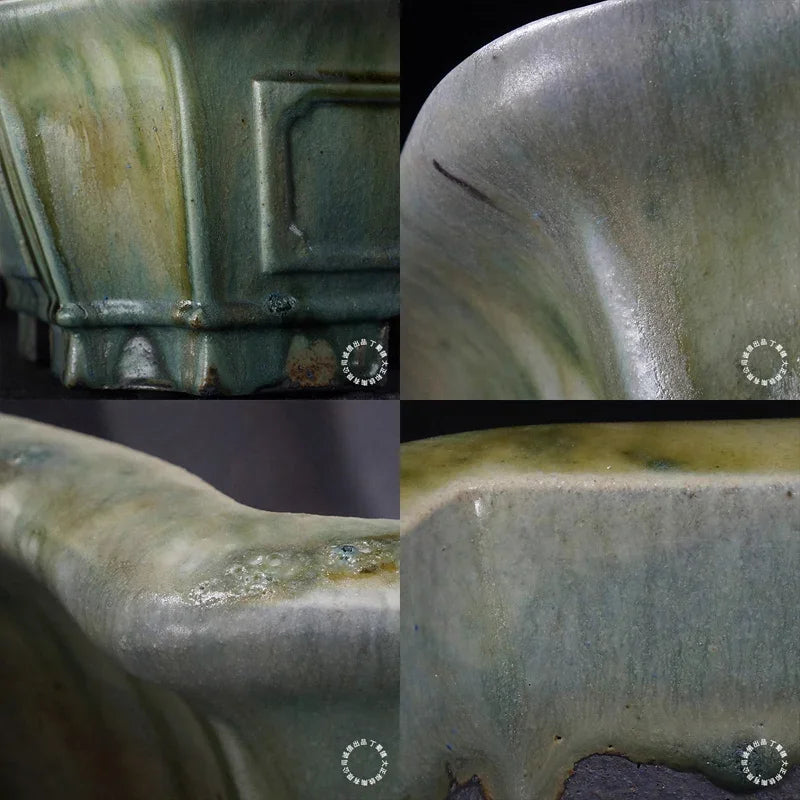 14.9 inch (38cm) Large Rectangle Flowing Green Glaze Corner Cut Bonsai Pot Close Shots