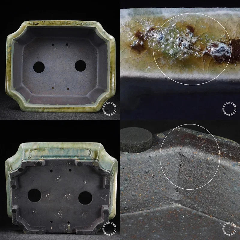 14.9 inch (38cm) Large Rectangle Flowing Green Glaze Corner Cut Bonsai Pot Inner and Bottom View