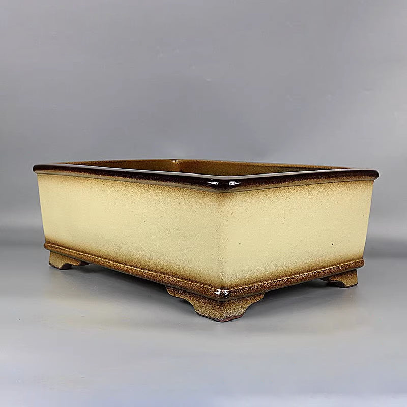 14.9 inch (38cm) Large Rectangular Glazed Yellow Dual Tone Premium Bonsai Pot Corner View