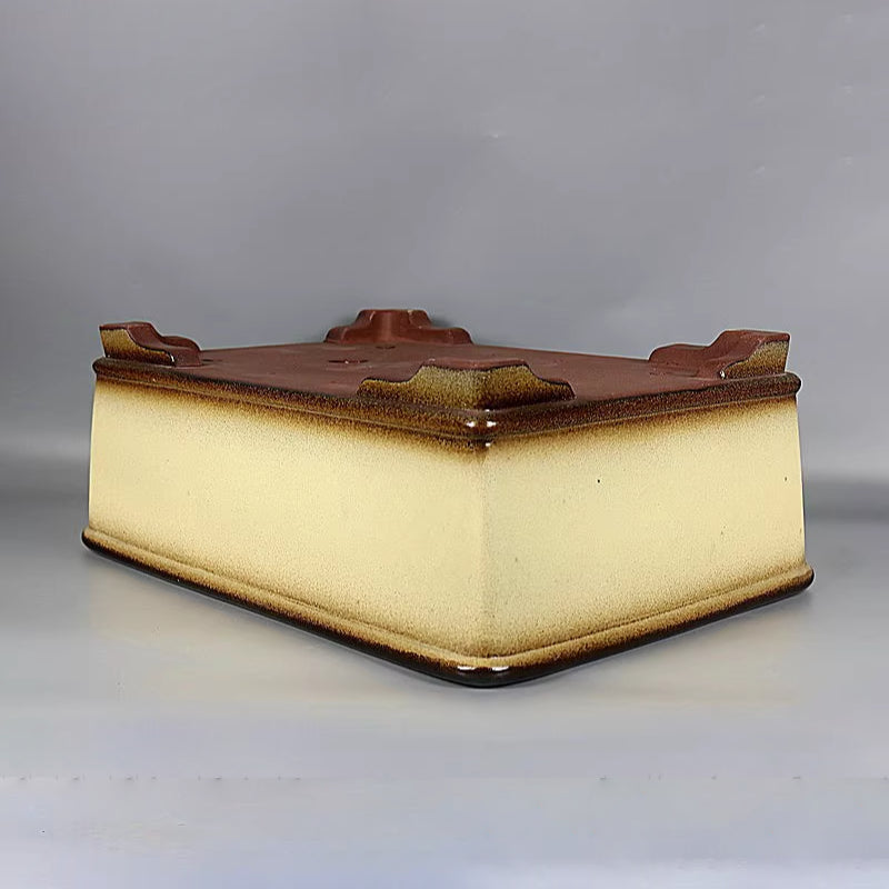 14.9 inch (38cm) Large Rectangular Glazed Yellow Dual Tone Premium Bonsai Pot Upside Down View