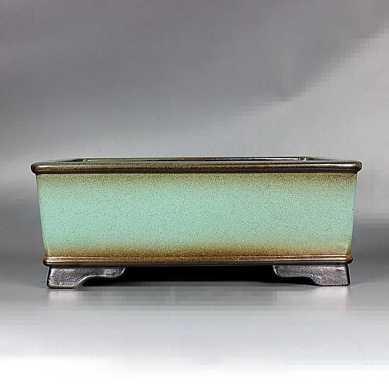 14.9 inch (38cm) Large Rectangular Green Glazed Deep Bonsai Pot w Dark Rim & Feet