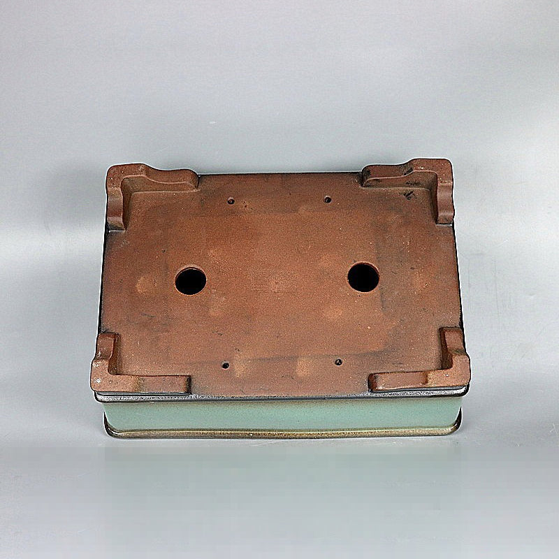 14.9 inch (38cm) Large Rectangular Green Glazed Deep Bonsai Pot w Dark Rim & Feet Bottom View
