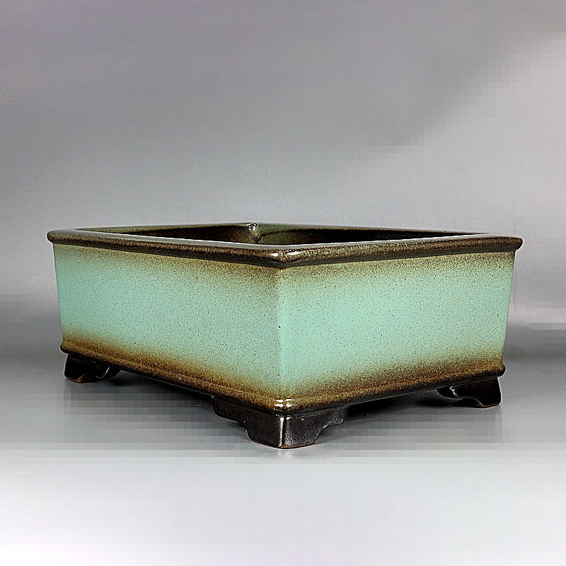14.9 inch (38cm) Large Rectangular Green Glazed Deep Bonsai Pot w Dark Rim & Feet Corner View