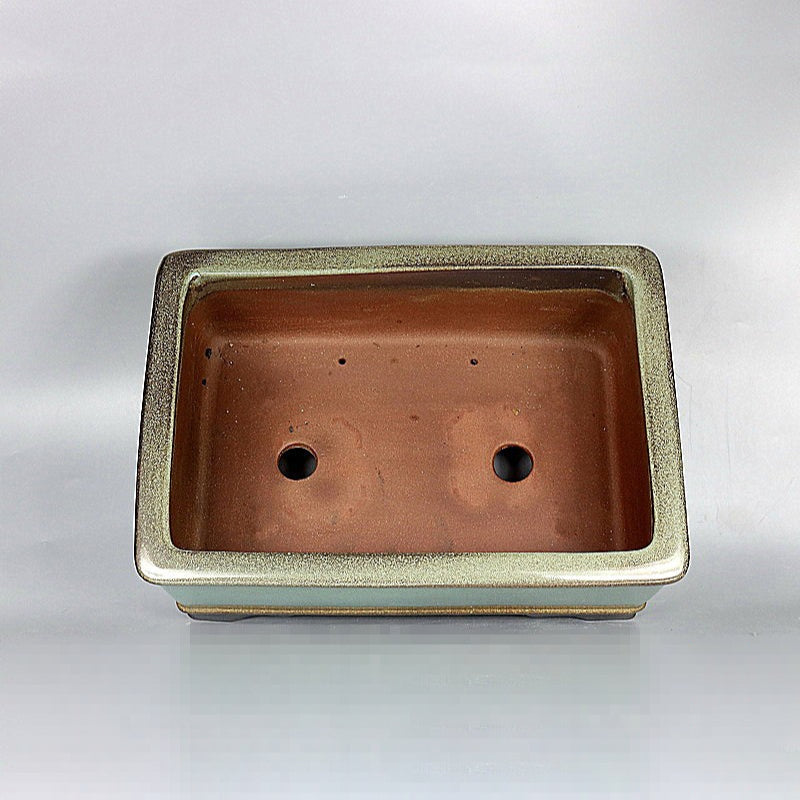14.9 inch (38cm) Large Rectangular Green Glazed Deep Bonsai Pot w Dark Rim & Feet Inner View
