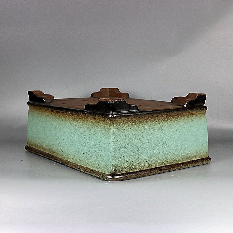 14.9 inch (38cm) Large Rectangular Green Glazed Deep Bonsai Pot w Dark Rim & Feet Upside Down View