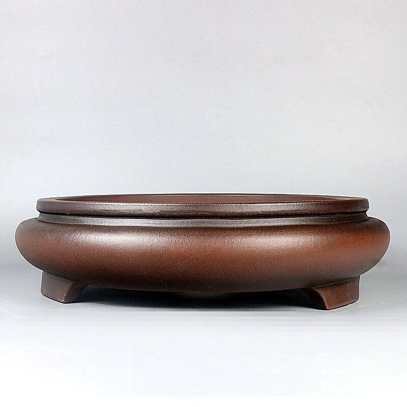 14.9 inch (38cm) Large Round Broad Belly Drum Form Brown Unglazed Shallow Bonsai Pot