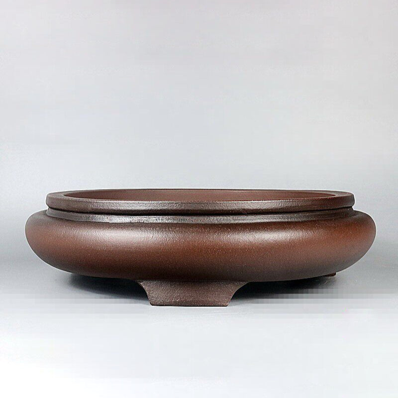 14.9 inch (38cm) Large Round Broad Belly Drum Form Brown Unglazed Shallow Bonsai Pot Corner View
