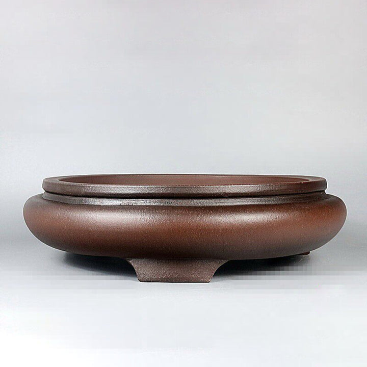 14.9 inch (38cm) Large Round Broad Belly Drum Form Brown Unglazed Shallow Bonsai Pot Corner View