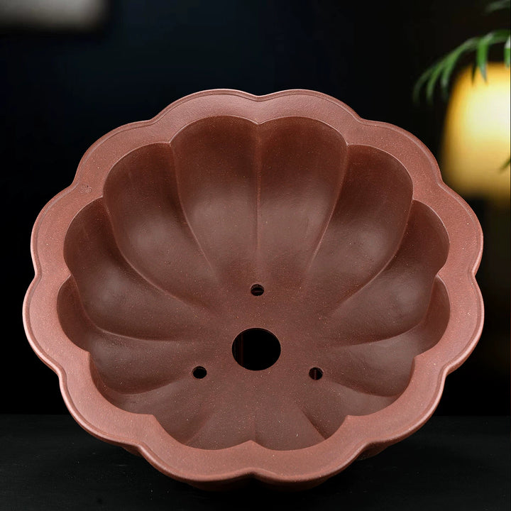 14.9 inch (38cm) Large Round Unglazed Bonsai Pot w Lotus Petal-Like Scalloped Walls Inner View