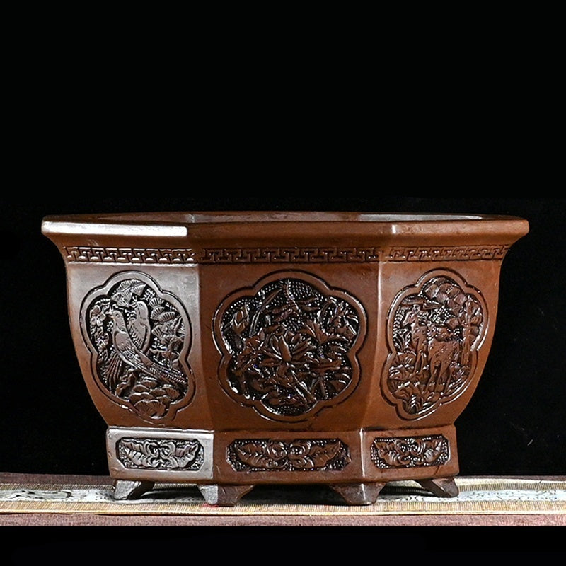 15.1" (38.5cm) Large Hexagon Antique-Like Hand-Carved Deep Bonsai Pot