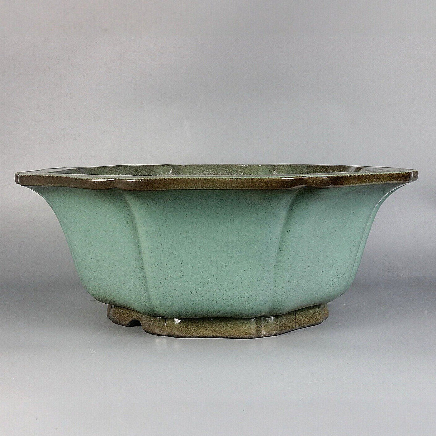 15.1 inch (38.5cm) Large Flared Scalloped Octagonal Lotus-Shaped Green Glazed Deep Bonsai Pot