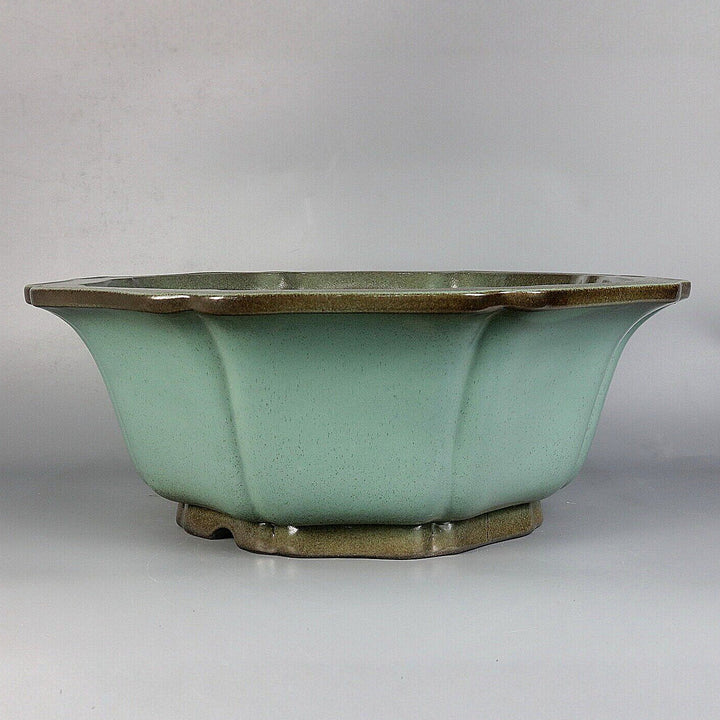 15.1 inch (38.5cm) Large Flared Scalloped Octagonal Lotus-Shaped Green Glazed Deep Bonsai Pot