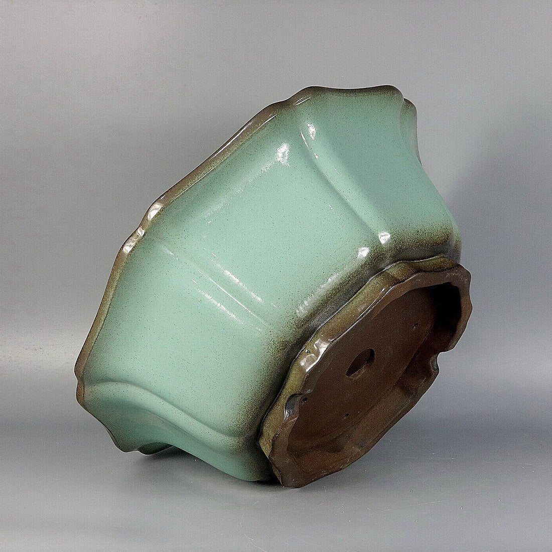 15.1 inch (38.5cm) Large Flared Scalloped Octagonal Lotus-Shaped Green Glazed Deep Bonsai Pot Side View