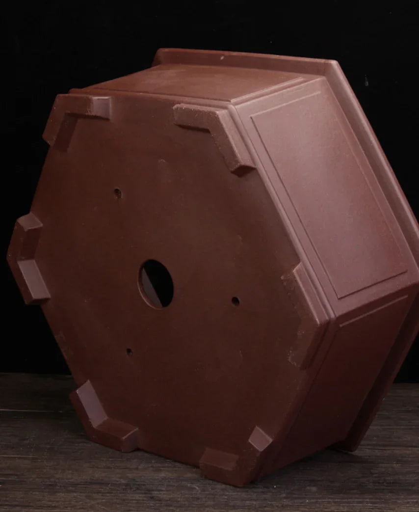 15.1 inch (38.5cm) Large Hexagonal Classic Bonsai Pot w Subtle Framed Panels Bottom View