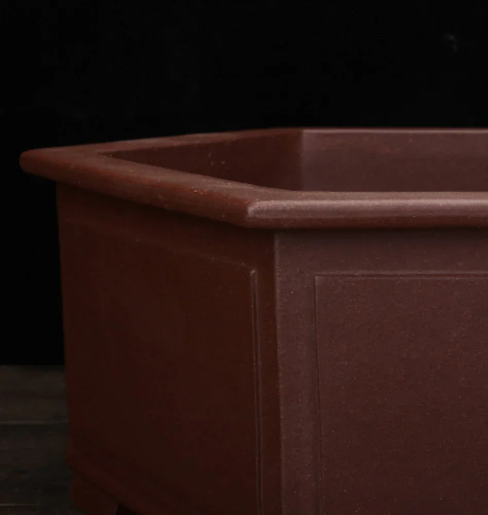 15.1 inch (38.5cm) Large Hexagonal Classic Bonsai Pot w Subtle Framed Panels Close Shot