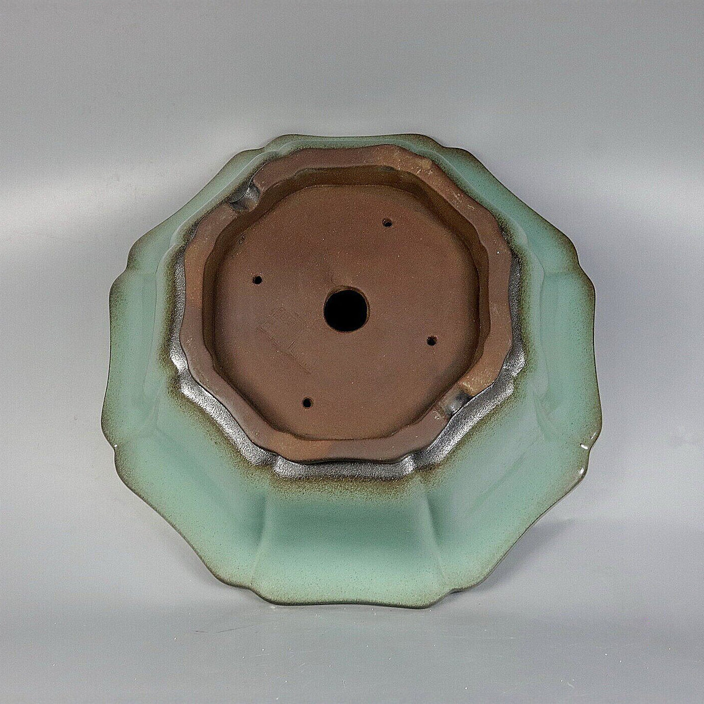 15.1 inch (38.5cm) Large Flared Scalloped Octagonal Lotus-Shaped Green Glazed Deep Bonsai Pot Bottom View