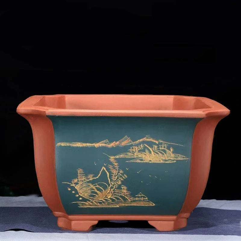 15.3" Large 9.8" Deep Square Engraved Cascade Bonsai Pots Blue Color