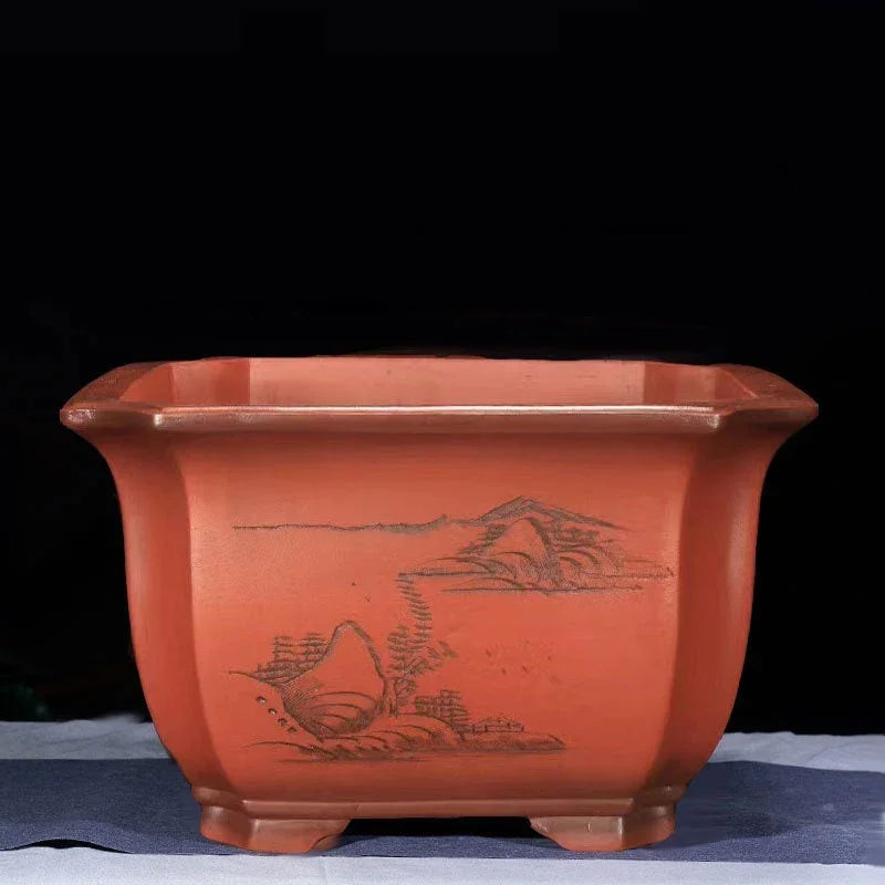 15.3" Large 9.8" Deep Square Engraved Cascade Bonsai Pots Brown Color