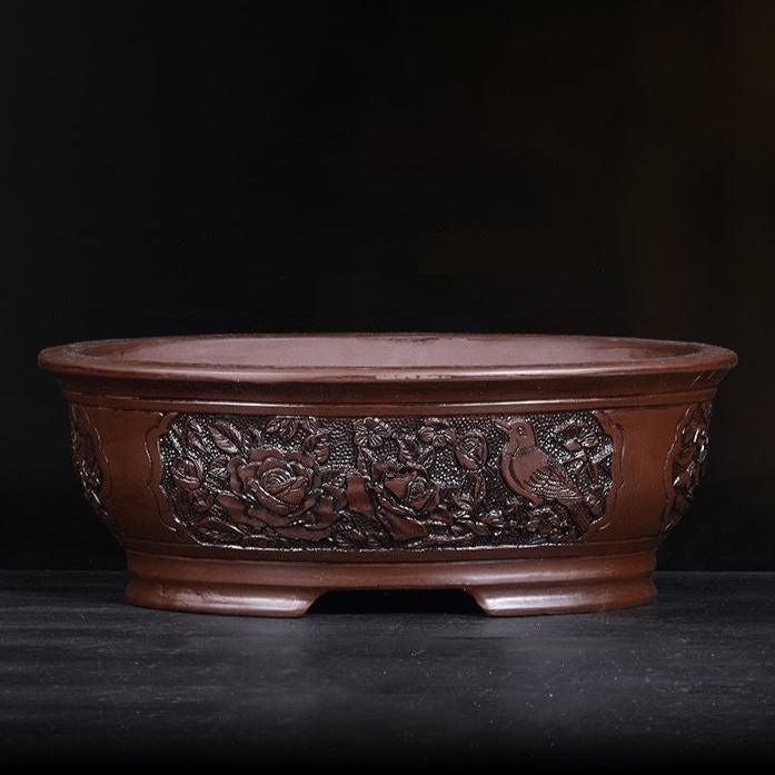 15.3" Large Antique Style Carved Oval Pots - Potscape
