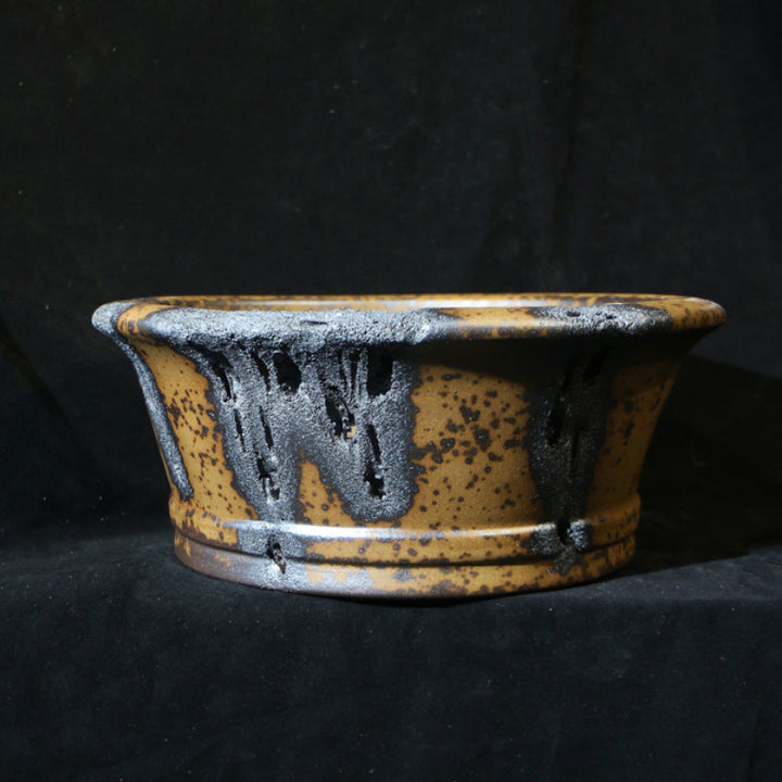 15.3 inch (39cm) Large Flared Round Wood-Fired Deep Bonsai Pot w Eroded Stone-Like Texture