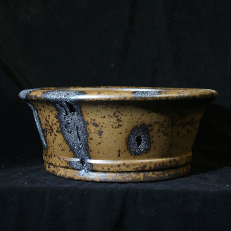 15.3 inch (39cm) Large Flared Round Wood-Fired Deep Bonsai Pot w Eroded Stone-Like Texture Back Side View