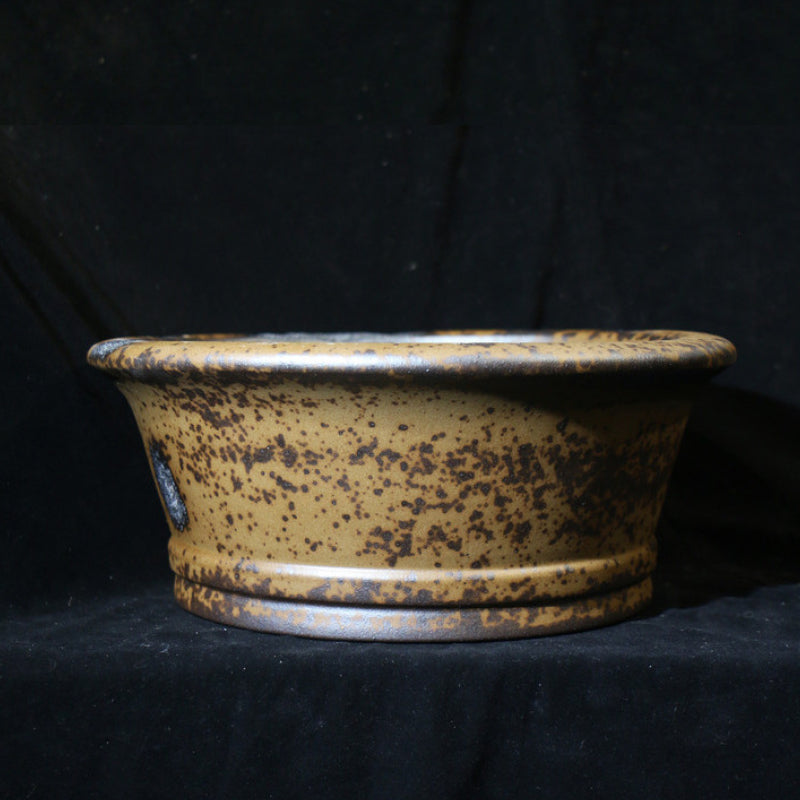 15.3 inch (39cm) Large Flared Round Wood-Fired Deep Bonsai Pot w Eroded Stone-Like Texture Back Side View