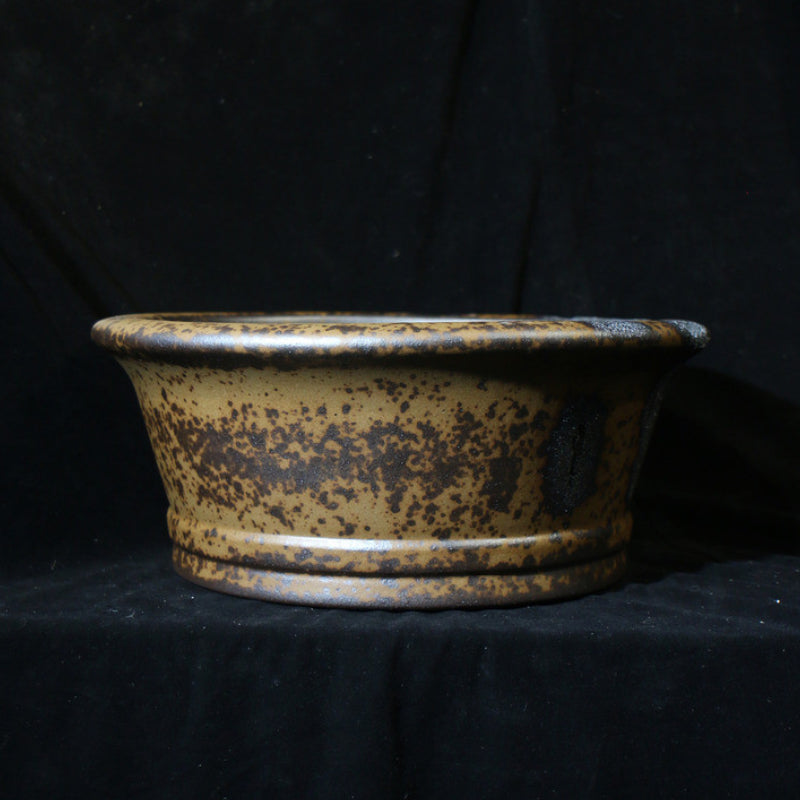 15.3 inch (39cm) Large Flared Round Wood-Fired Deep Bonsai Pot w Eroded Stone-Like Texture Back Side View