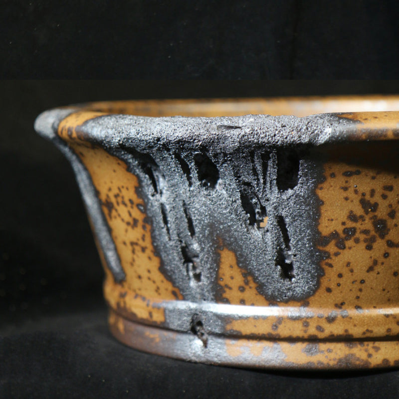 15.3 inch (39cm) Large Flared Round Wood-Fired Deep Bonsai Pot w Eroded Stone-Like Texture Close Shot