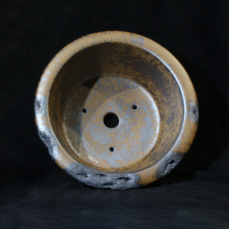 15.3 inch (39cm) Large Flared Round Wood-Fired Deep Bonsai Pot w Eroded Stone-Like Texture Inner View