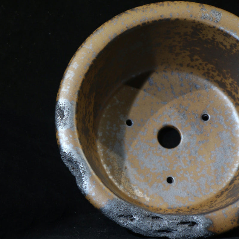 15.3 inch (39cm) Large Flared Round Wood-Fired Deep Bonsai Pot w Eroded Stone-Like Texture Inner View Close Shot
