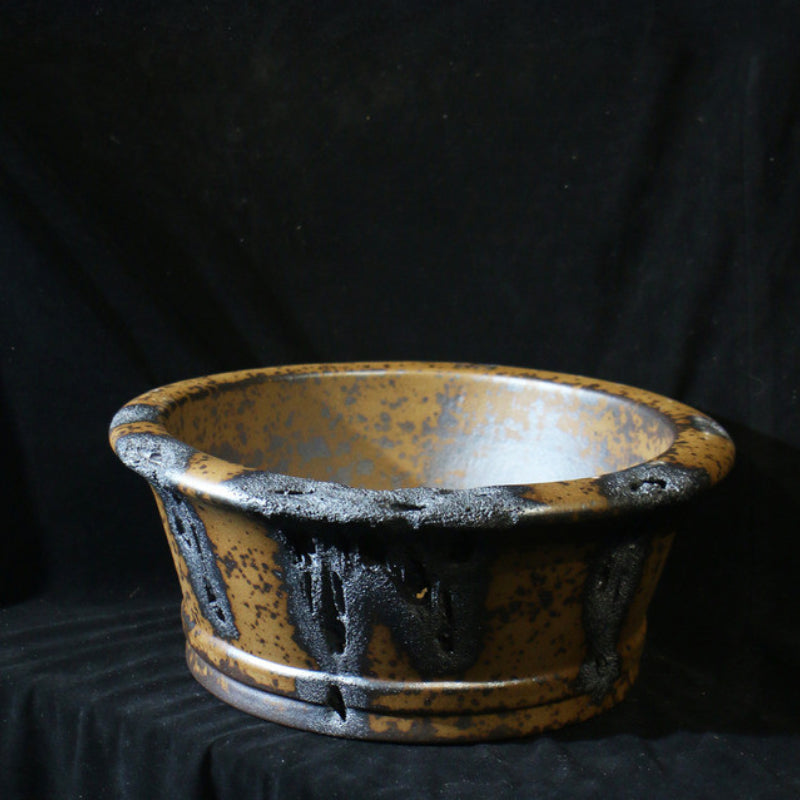 15.3 inch (39cm) Large Flared Round Wood-Fired Deep Bonsai Pot w Eroded Stone-Like Texture Top View