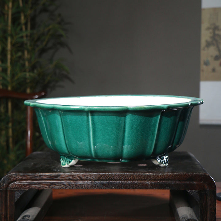 15.3 inch (39cm) Large Lotus-Shaped Green Glaze Bonsai Pot