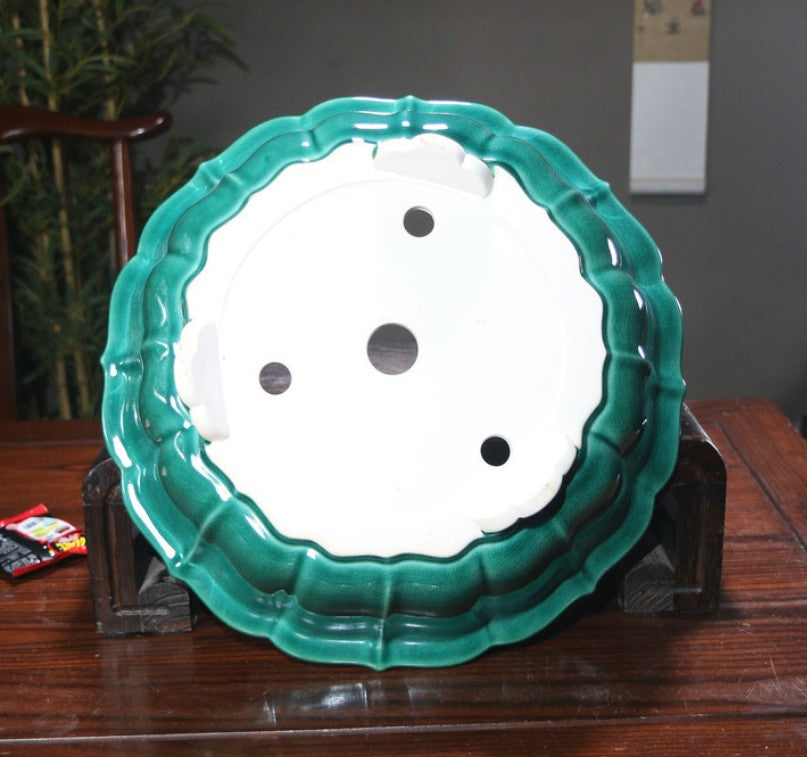 15.3 inch (39cm) Large Lotus-Shaped Green Glaze Bonsai Pot Bottom View